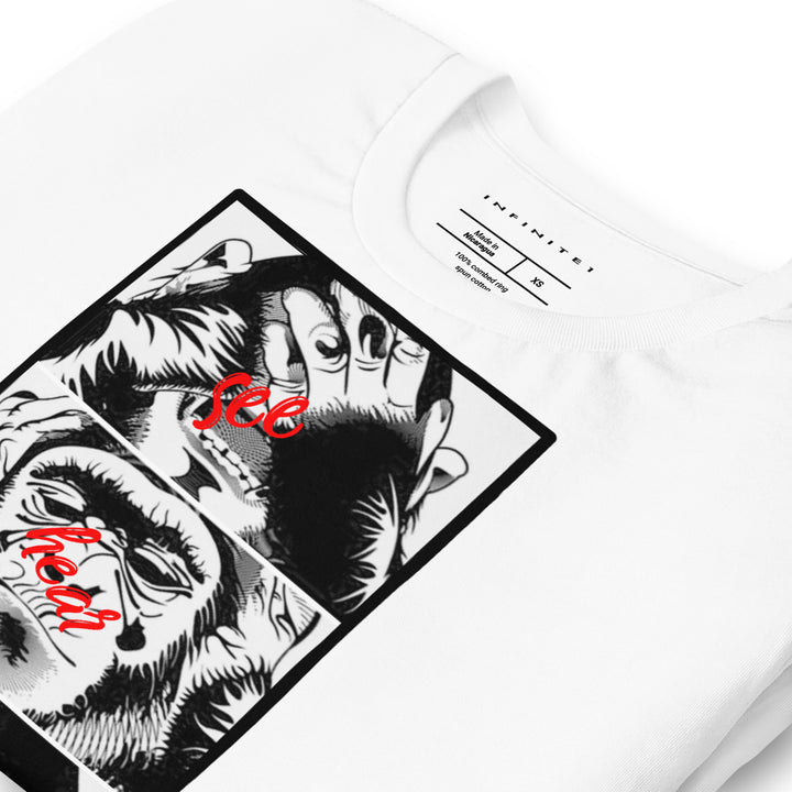 Men's Three Monkeys And No Evil Theme Concept T-shirt, folded front left view.