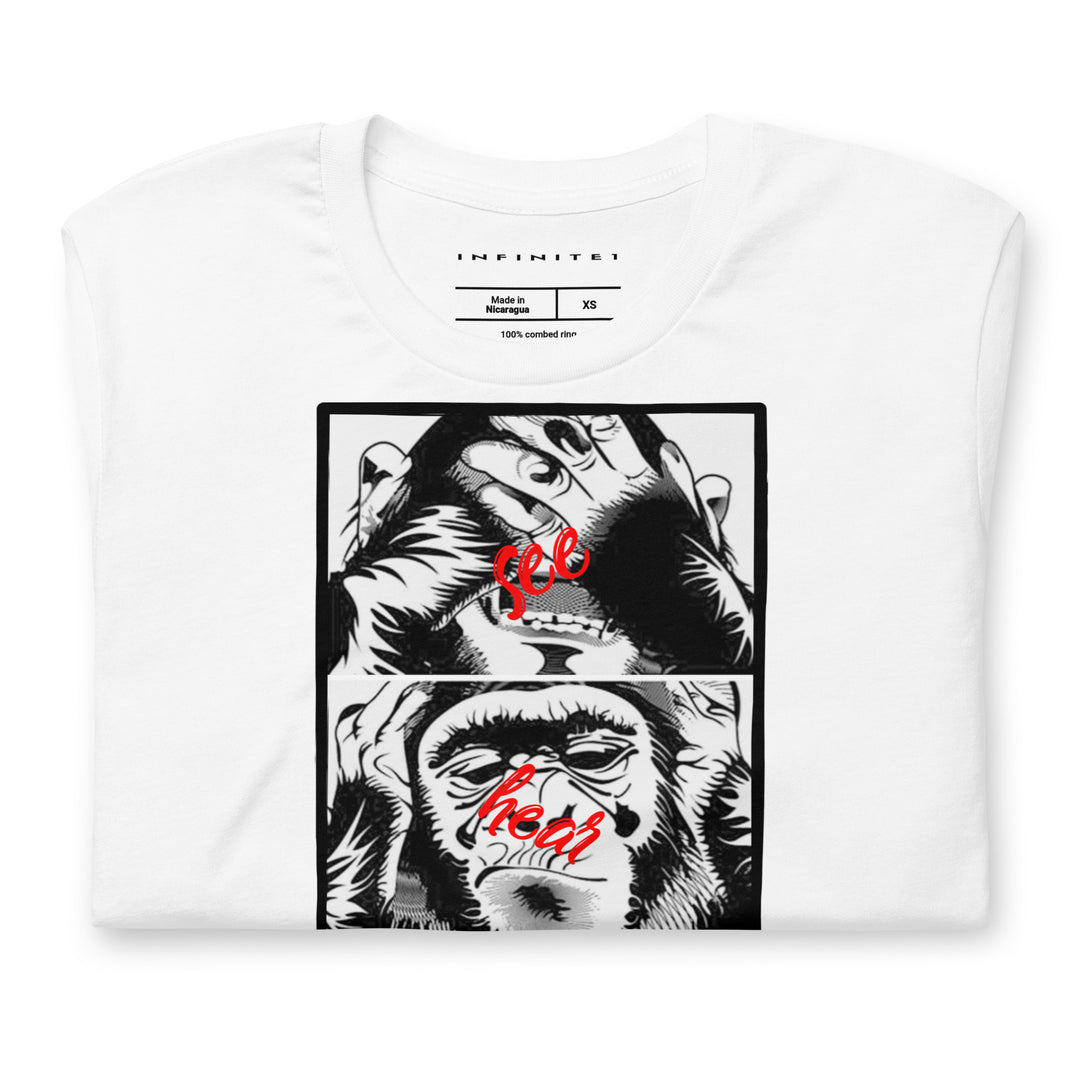 Men's Three Monkeys And No Evil Theme Concept T-shirt, folded front view.