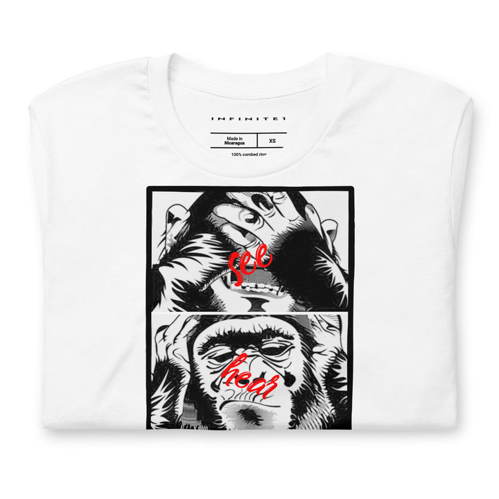 Men's Three Monkeys And No Evil Theme Concept T-shirt, folded front view.