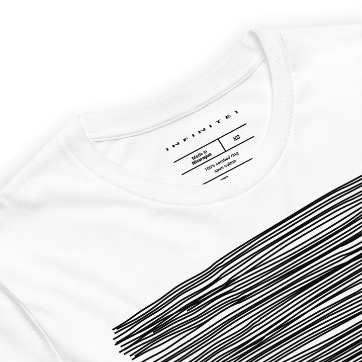Men’s Tropical Trees And Waves Theme Graphic Tee, close-up front view.