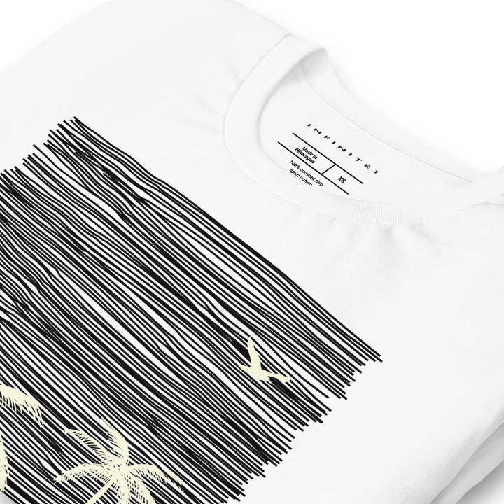 Men’s Tropical Trees And Waves Theme Graphic Tee, folded front left view.