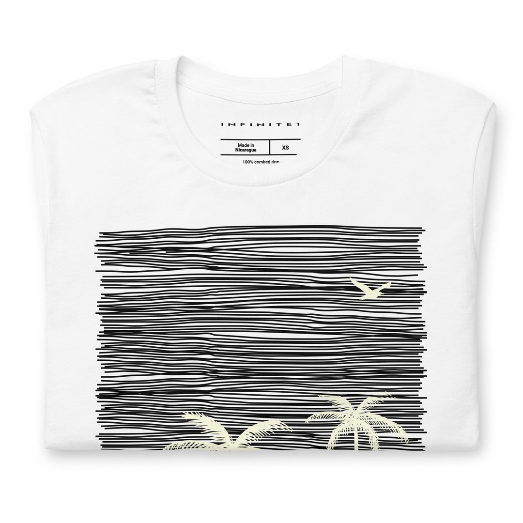 Men’s Tropical Trees And Waves Theme Graphic Tee, folded front view.