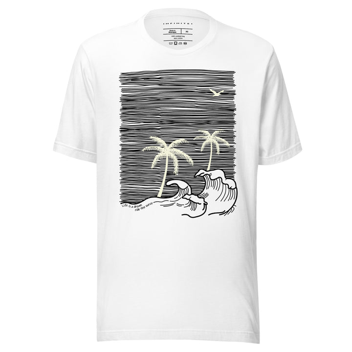 Men’s Tropical Trees And Waves Theme Graphic Tee, full front view.