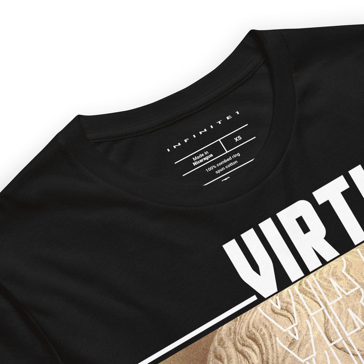 Men’s Virtue Theme and Slogan Graphic T-shirt, close-up front detail view.