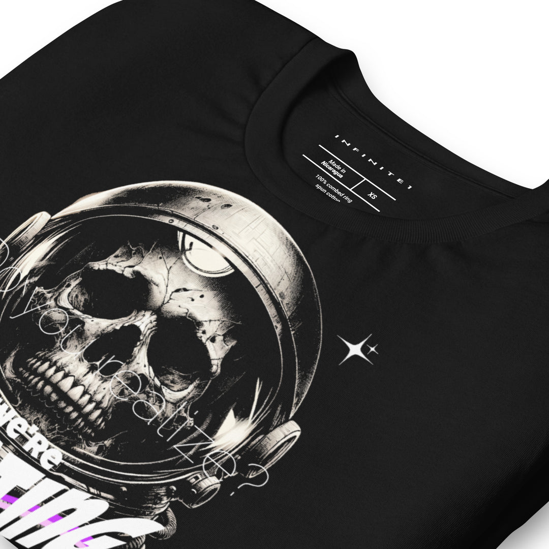 Men's We're Floating In Space Theme Short Sleeve T-shirt, folded front left view.