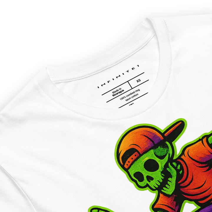 Neon Skeleton Skater Graphic Tee, close-up front view.