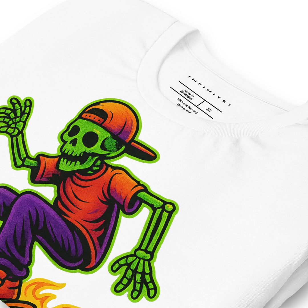 Neon Skeleton Skater Graphic Tee, folded front left view.