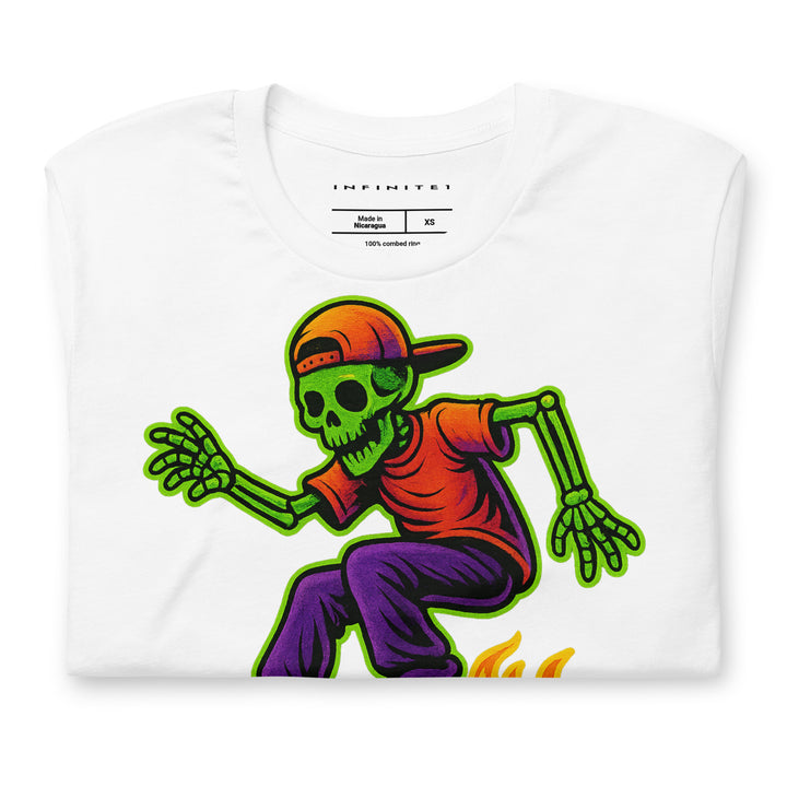 Neon Skeleton Skater Graphic Tee, folded front view.