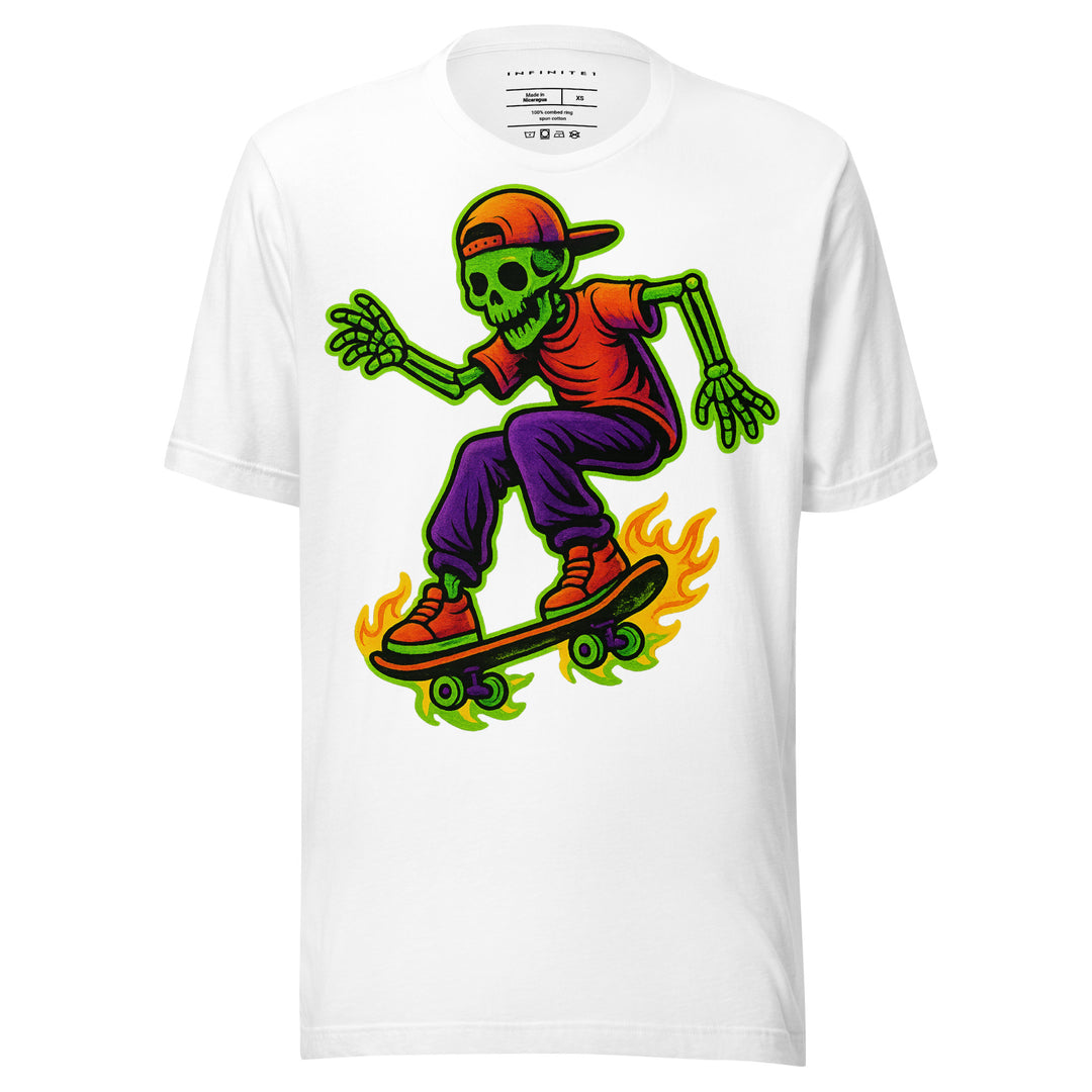 Neon Skeleton Skater Graphic Tee, front view.