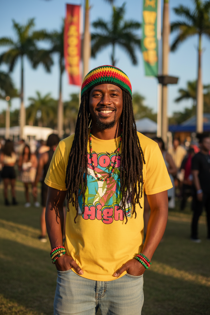 Rastafarian man with dreadlocks and rasta hat wearing the Most High Graphic Tee by Infinite1 at a reggae festival