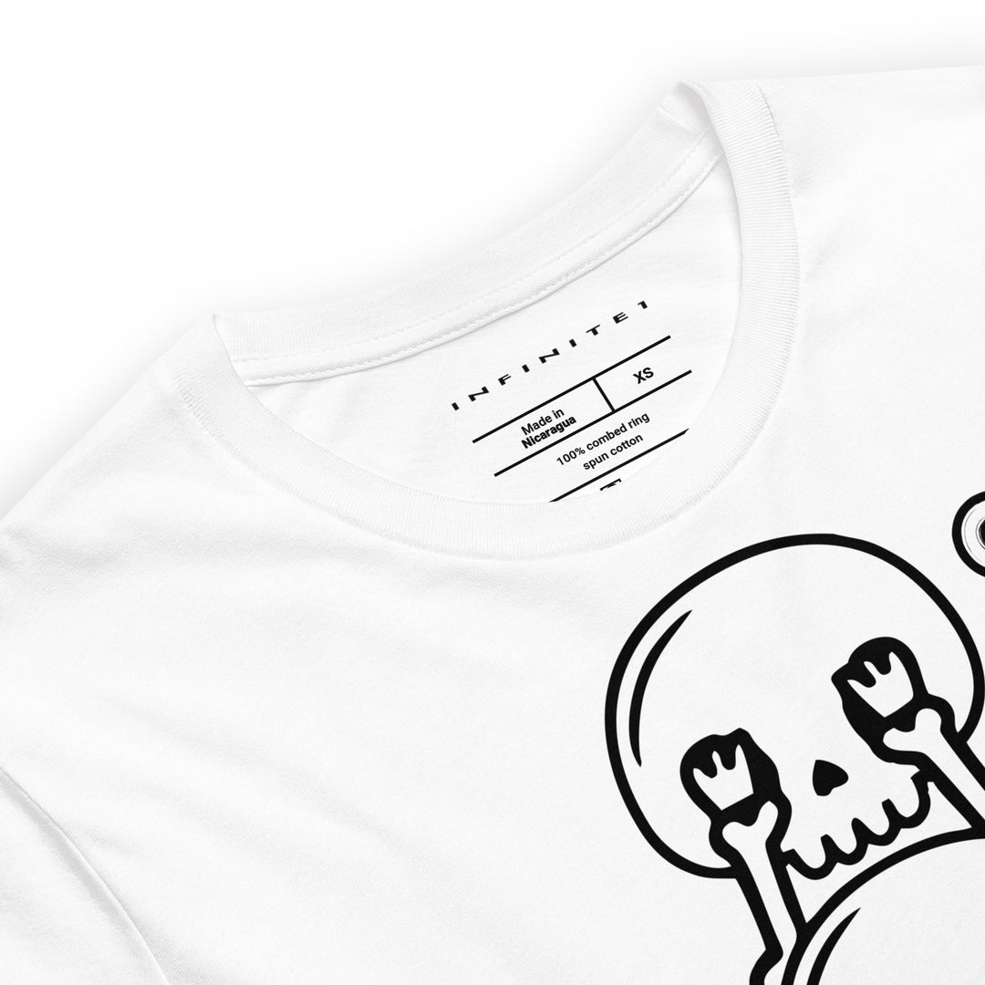 Skull &amp; Bones No Evil Theme Graphic Tee, close-up front view | Infinite1