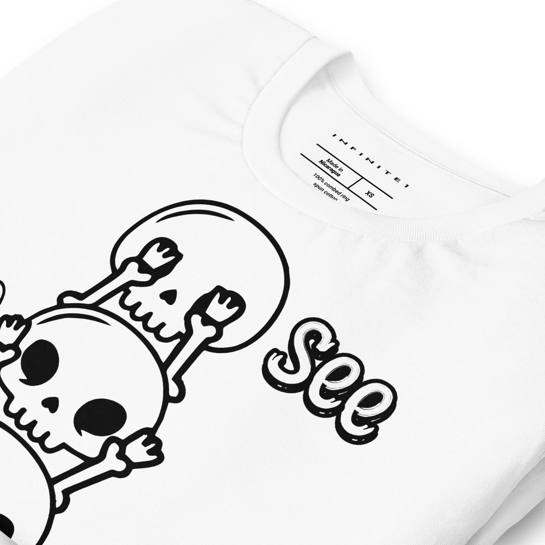 Skull &amp; Bones No Evil Theme Graphic Tee, folded front left view | Infinite1