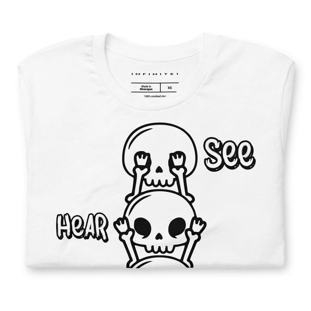 Skull &amp; Bones No Evil Theme Graphic Tee, folded front view | Infinite1