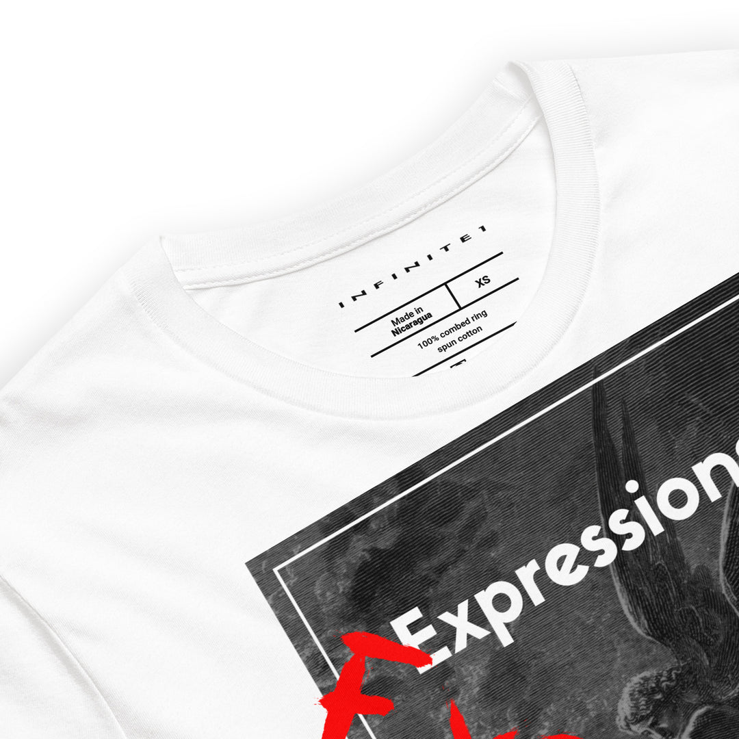 Slogan and Guardian Angel Graphic Tee, close-up front view.