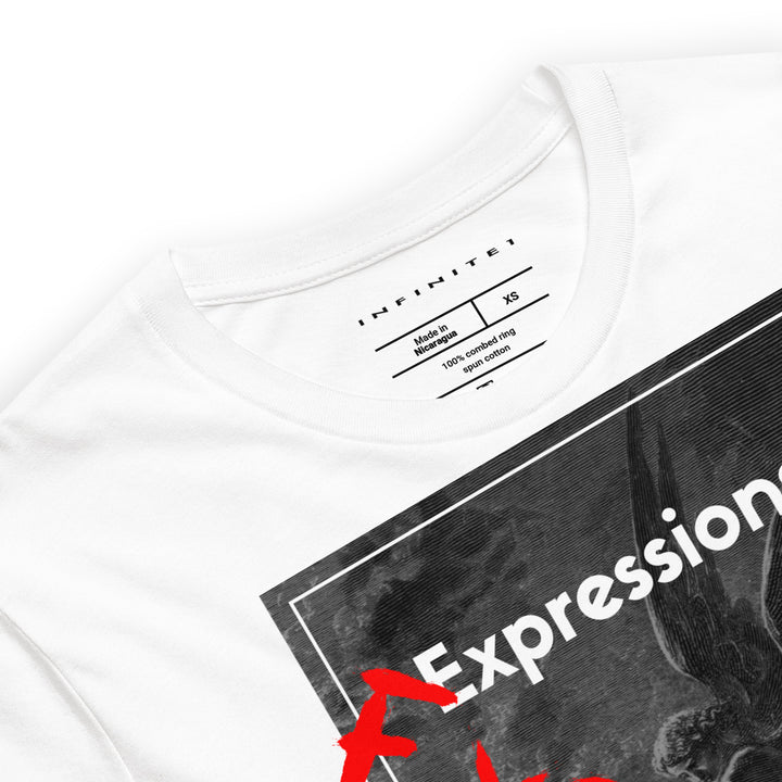 Slogan and Guardian Angel Graphic Tee, close-up front view.