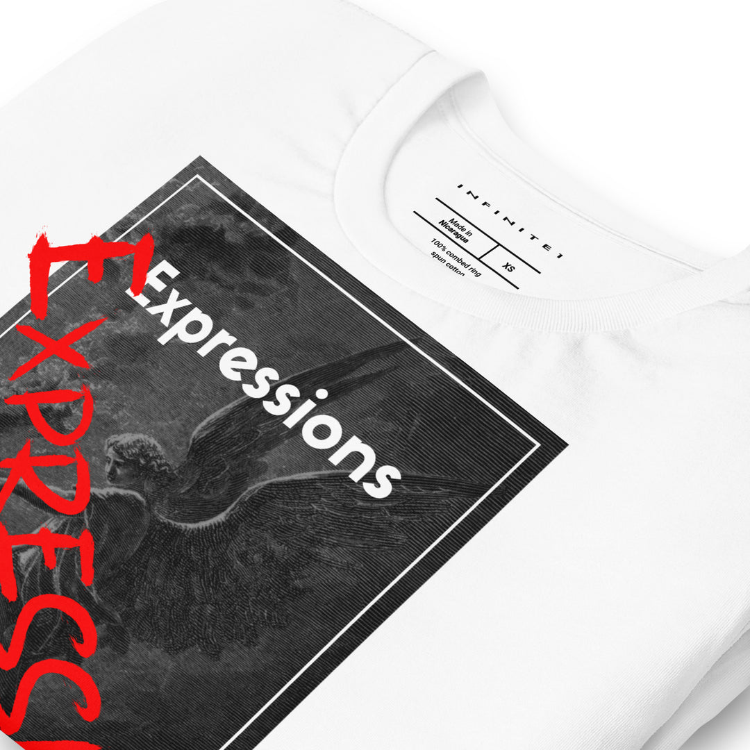 Slogan and Guardian Angel Graphic Tee, folded front left view.