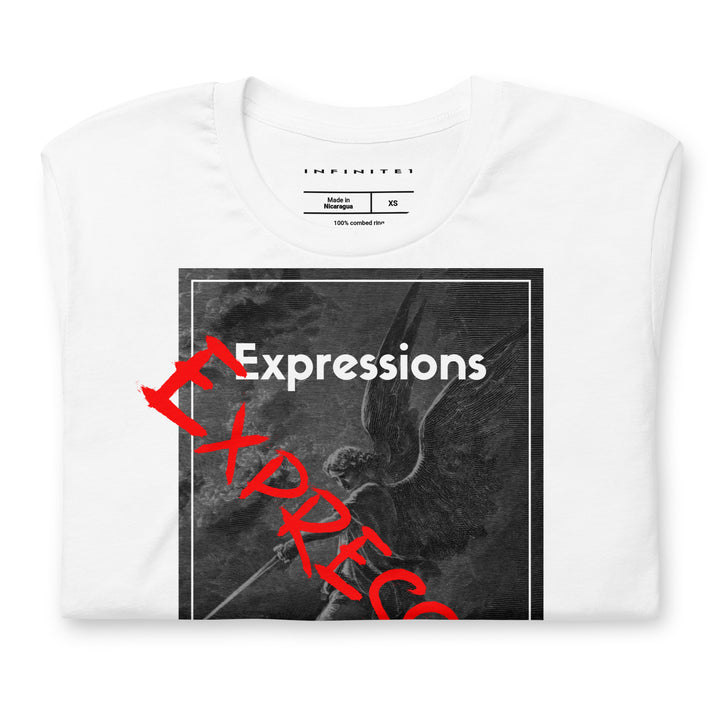 Slogan and Guardian Angel Graphic Tee, folded front view.