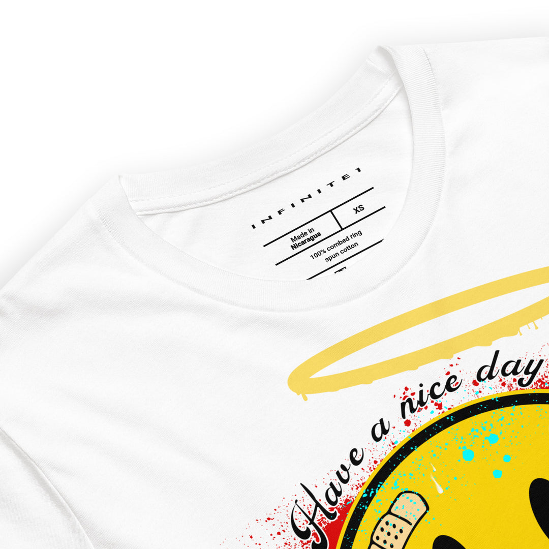 Smiley Face And Slogan Graphic Tee, close-up front view.