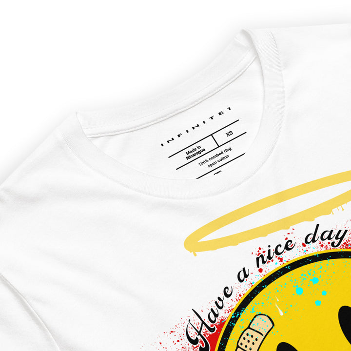 Smiley Face And Slogan Graphic Tee, close-up front view.
