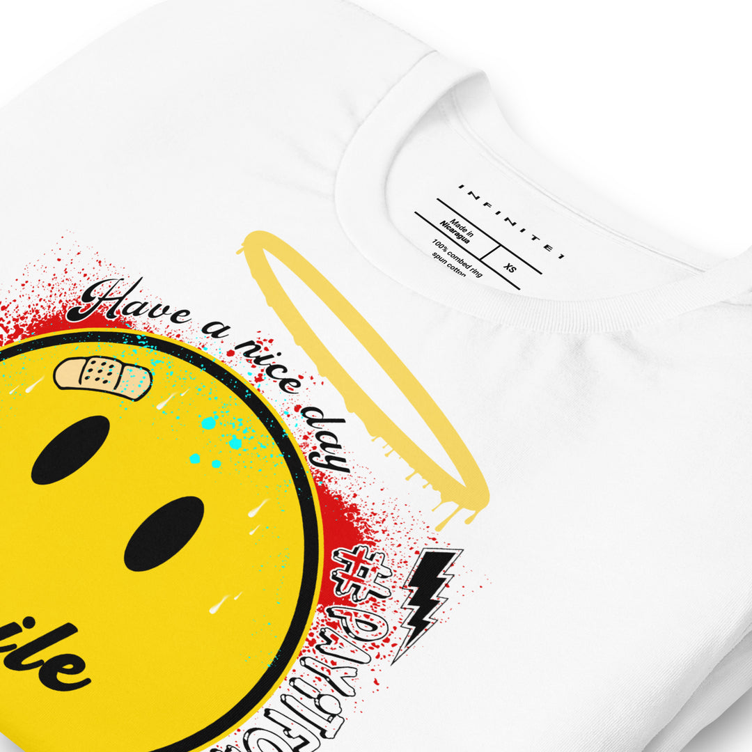 Smiley Face And Slogan Graphic Tee, folded front left view.