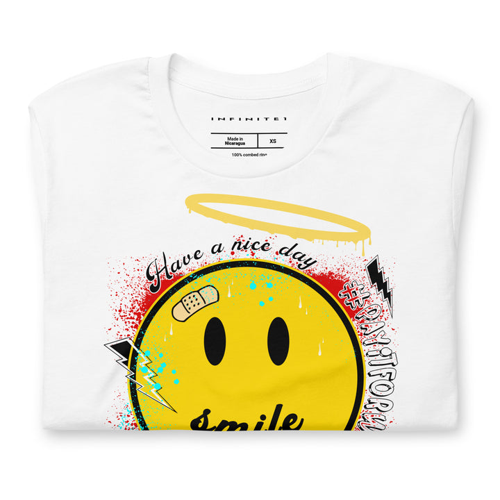 Smiley Face And Slogan Graphic Tee, folded front view.