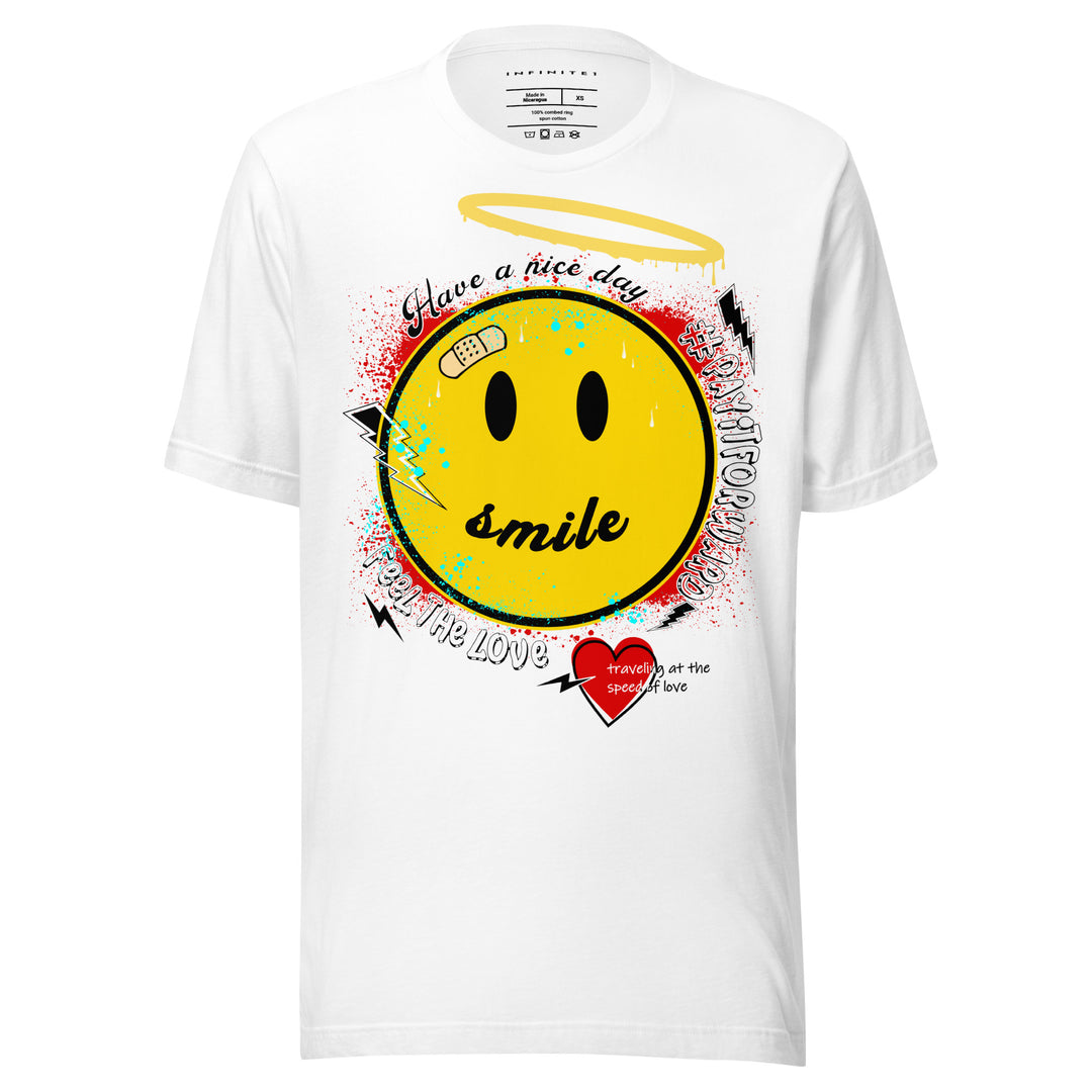 Smiley Face And Slogan Graphic Tee, front view.