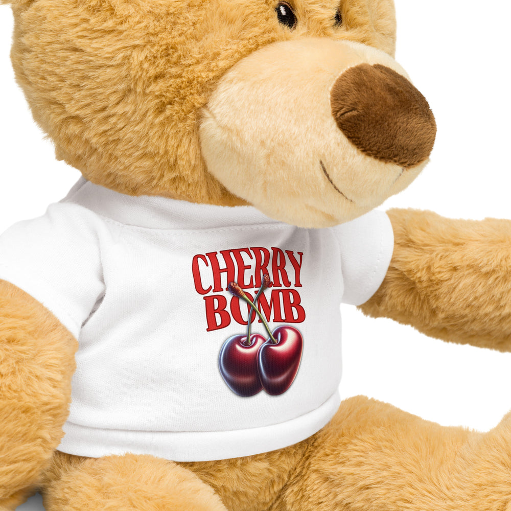 Teddy Bear With Cherry Bomb Tee, close-up front right.