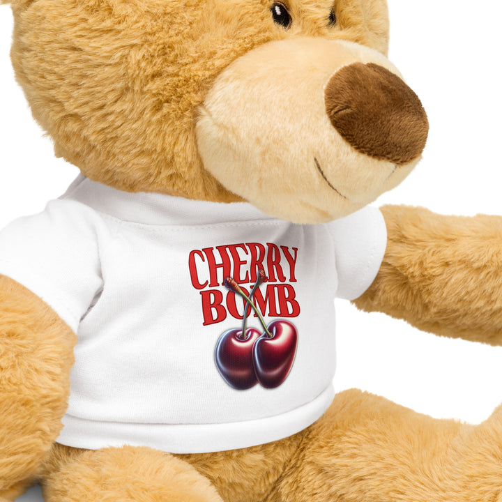 Teddy Bear With Cherry Bomb Tee, close-up front right.
