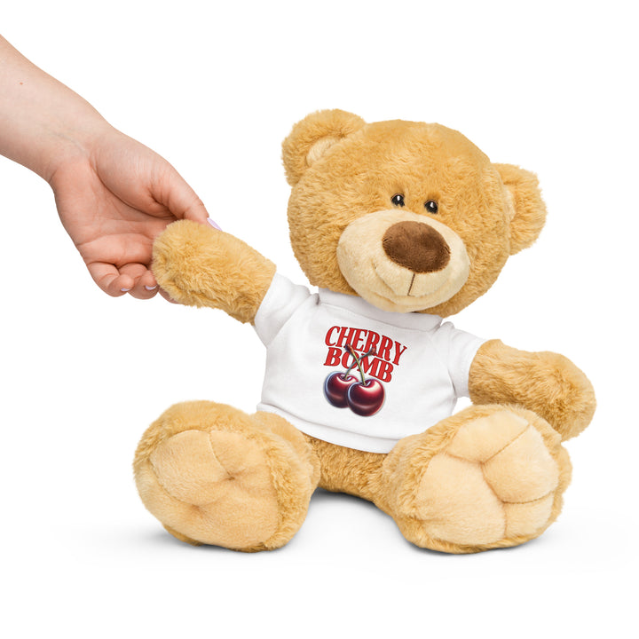 Teddy Bear With Cherry Bomb Tee, hand held front.