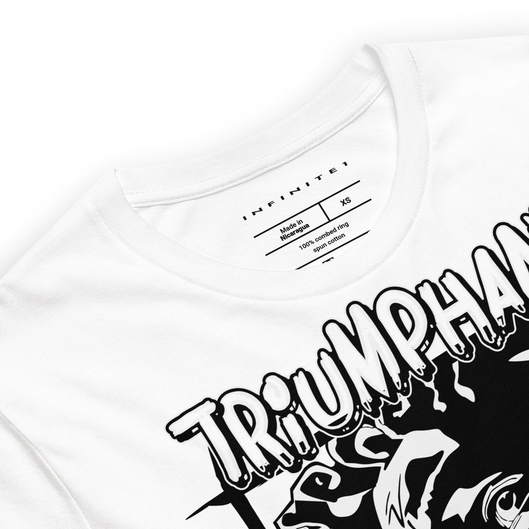 Triumphant Cartoon Statue Graphic Tee, close-up front view.