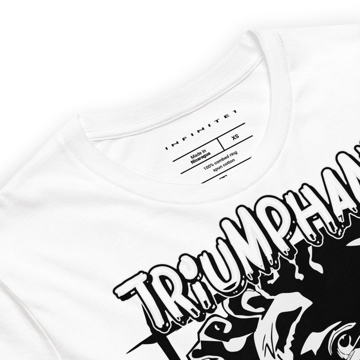 Triumphant Cartoon Statue Graphic Tee, close-up front view.