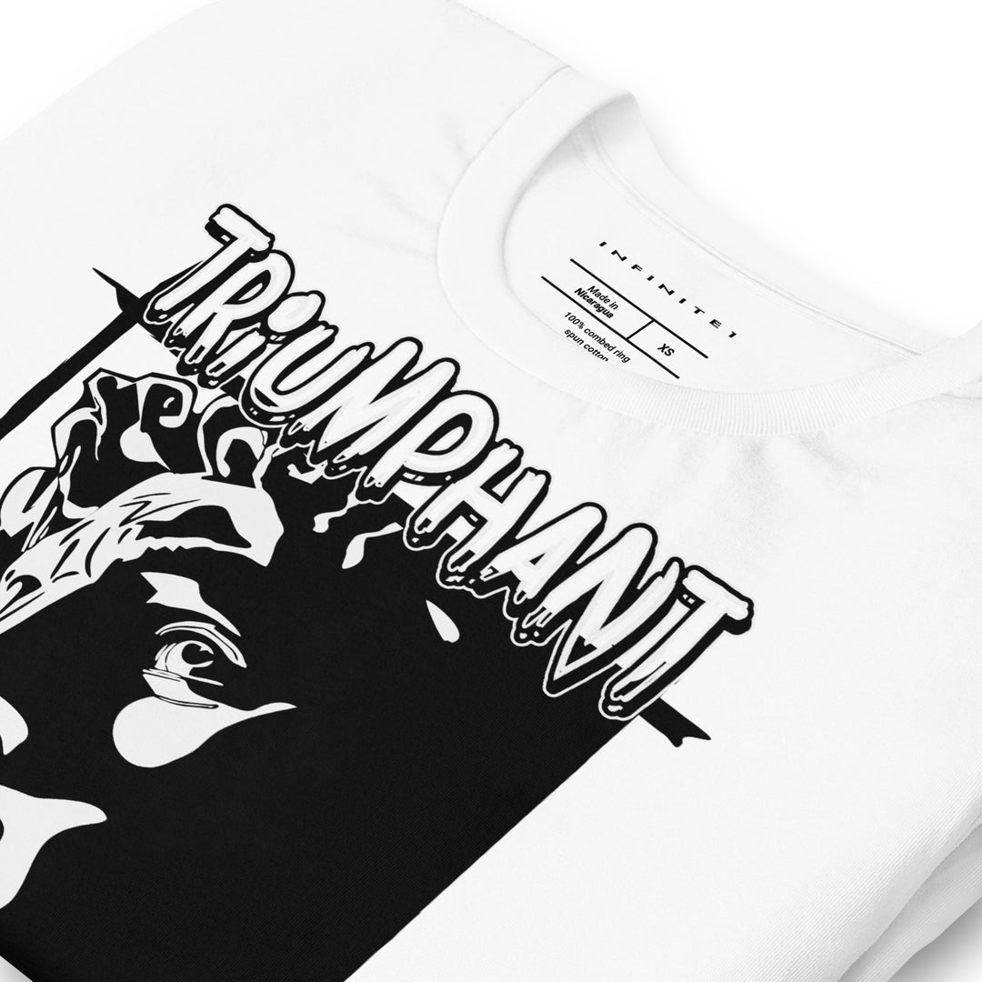 Triumphant Cartoon Statue Graphic Tee, folded front left view.
