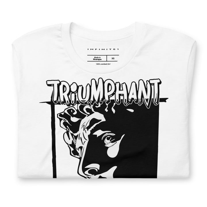 Triumphant Cartoon Statue Graphic Tee, folded front view.