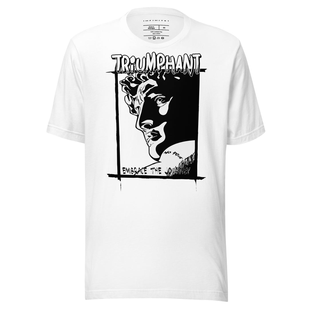 Triumphant Cartoon Statue Graphic Tee, front view.