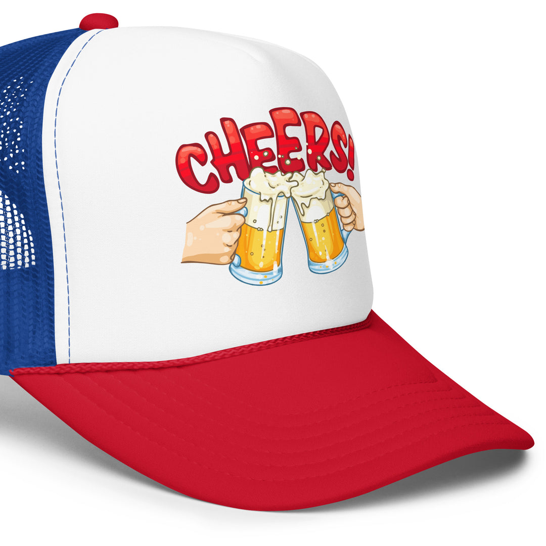 Two Beers Cheers Foam Trucker Hat, front close-up right view