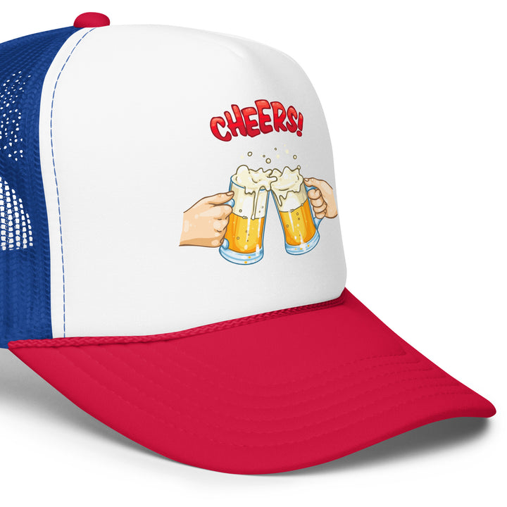 Two Beers Cheers Foam Trucker Hat, front right view.