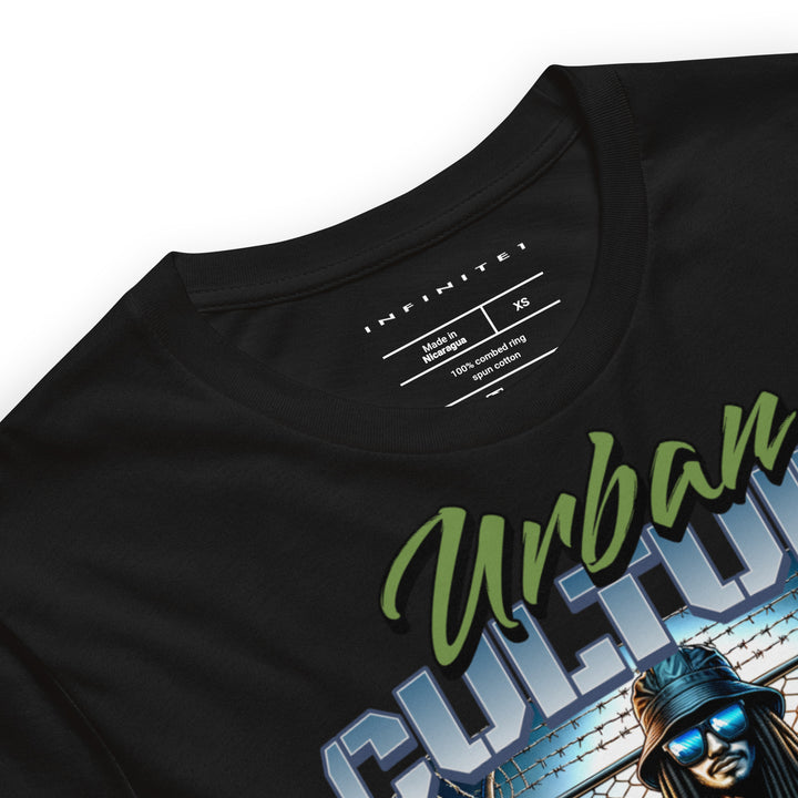 Urban Culture Graphic Tee in Black, close-up front view.
