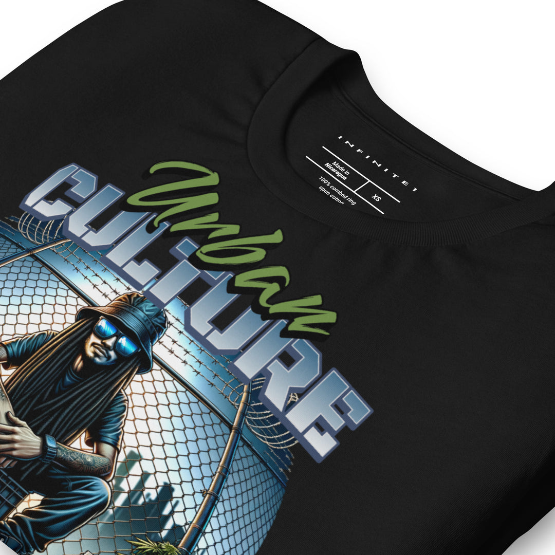 Urban Culture Graphic Tee in Black, folded front view.
