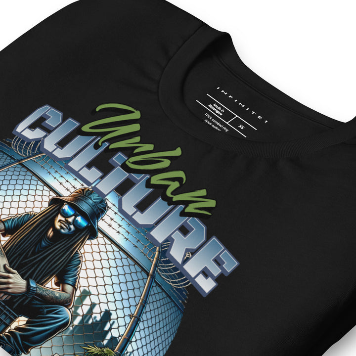 Urban Culture Graphic Tee in Black, folded front view.
