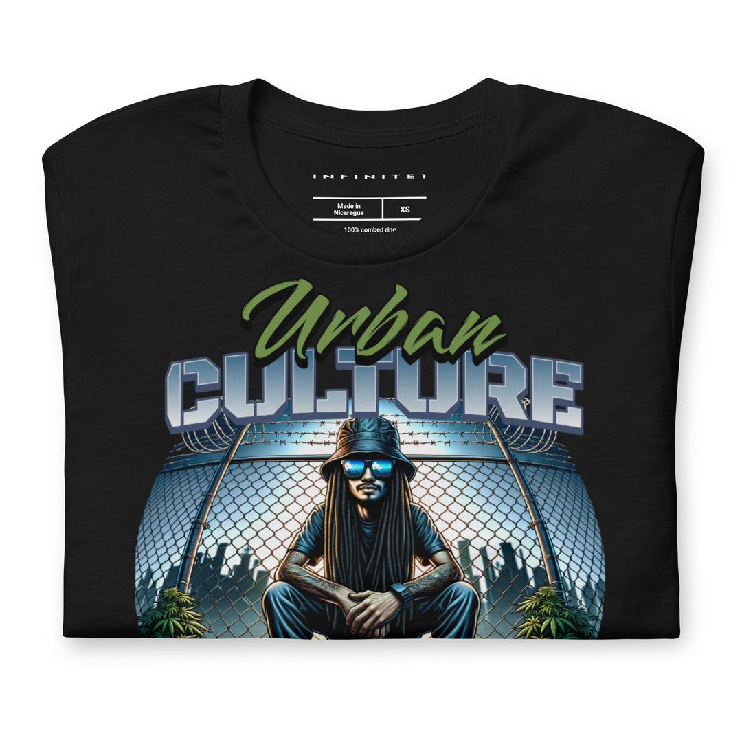 Urban Culture Graphic Tee in Black, folded view.
