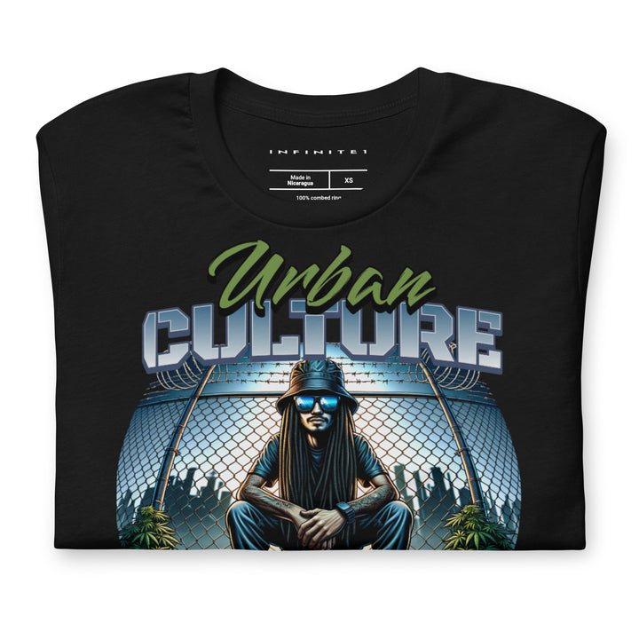 Urban Culture Graphic Tee in Black, folded view.
