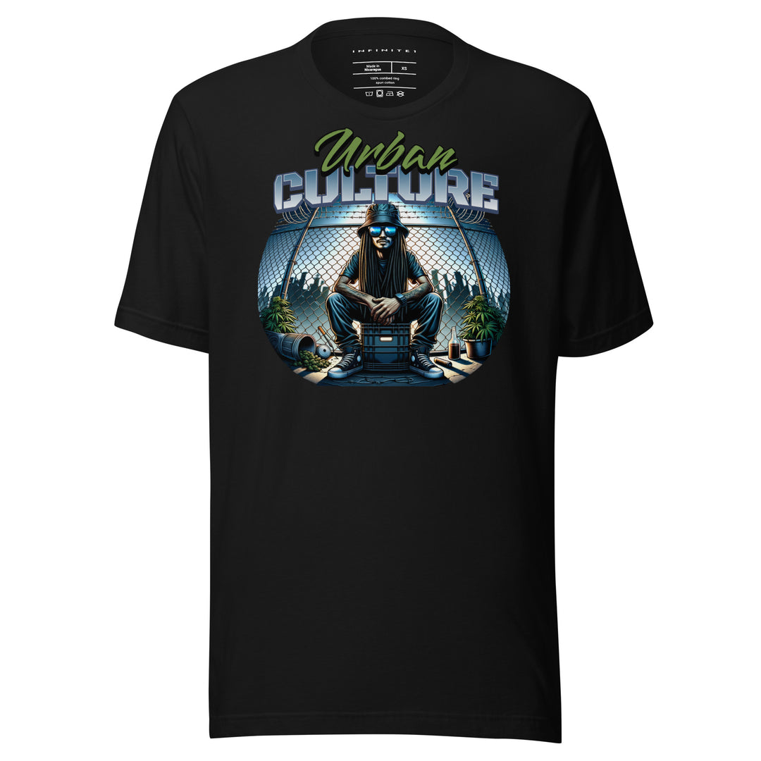 Urban Culture Graphic Tee in Black, front view.