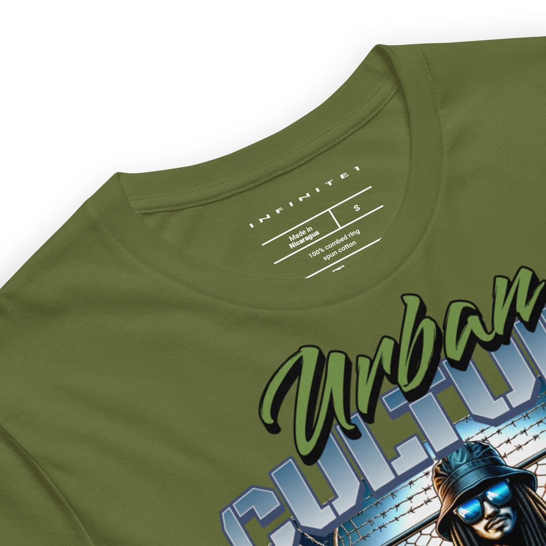 Urban Culture Graphic Tee in Olive, close-up front view.
