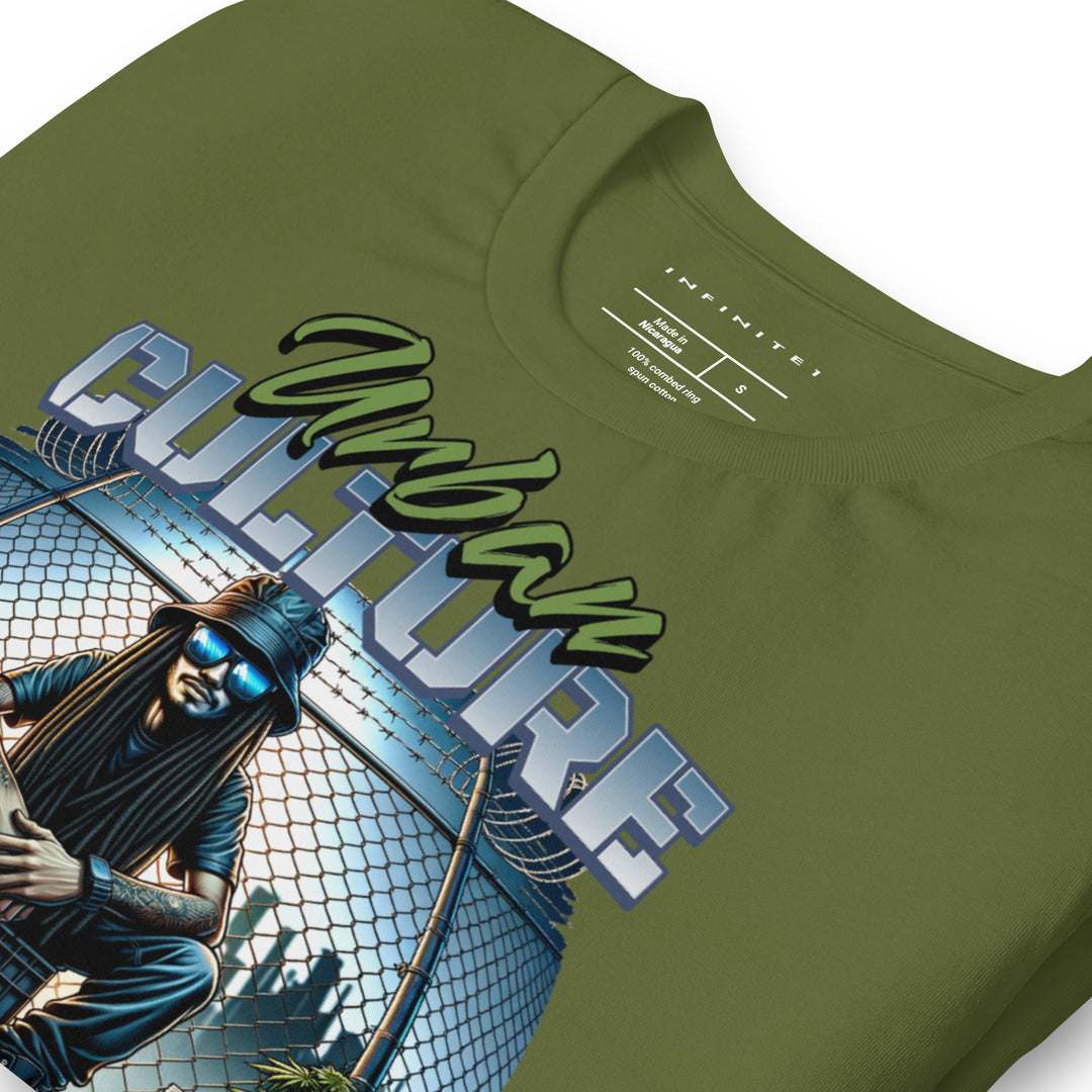Urban Culture Graphic Tee in Olive, folded front view.
