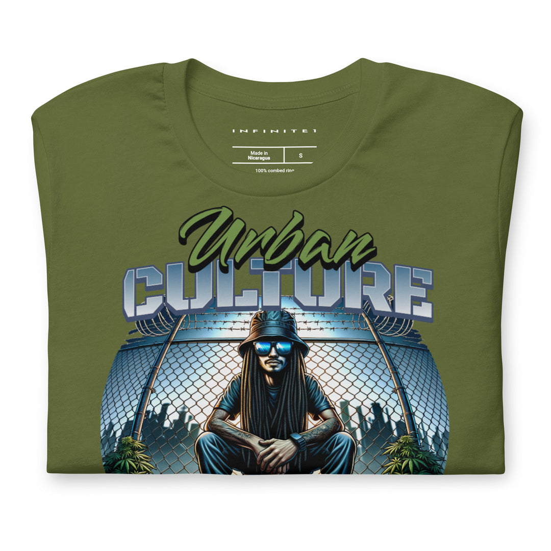 Urban Culture Graphic Tee in Olive, folded view.
