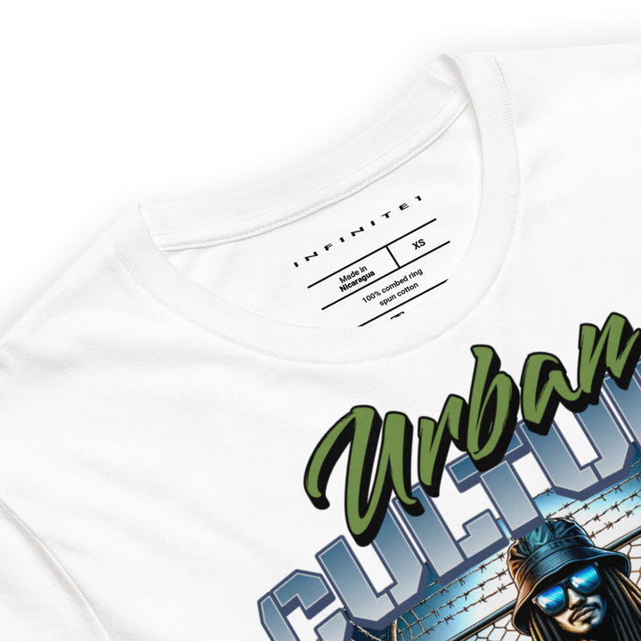 Urban Culture Graphic Tee in White, close-up front view.
