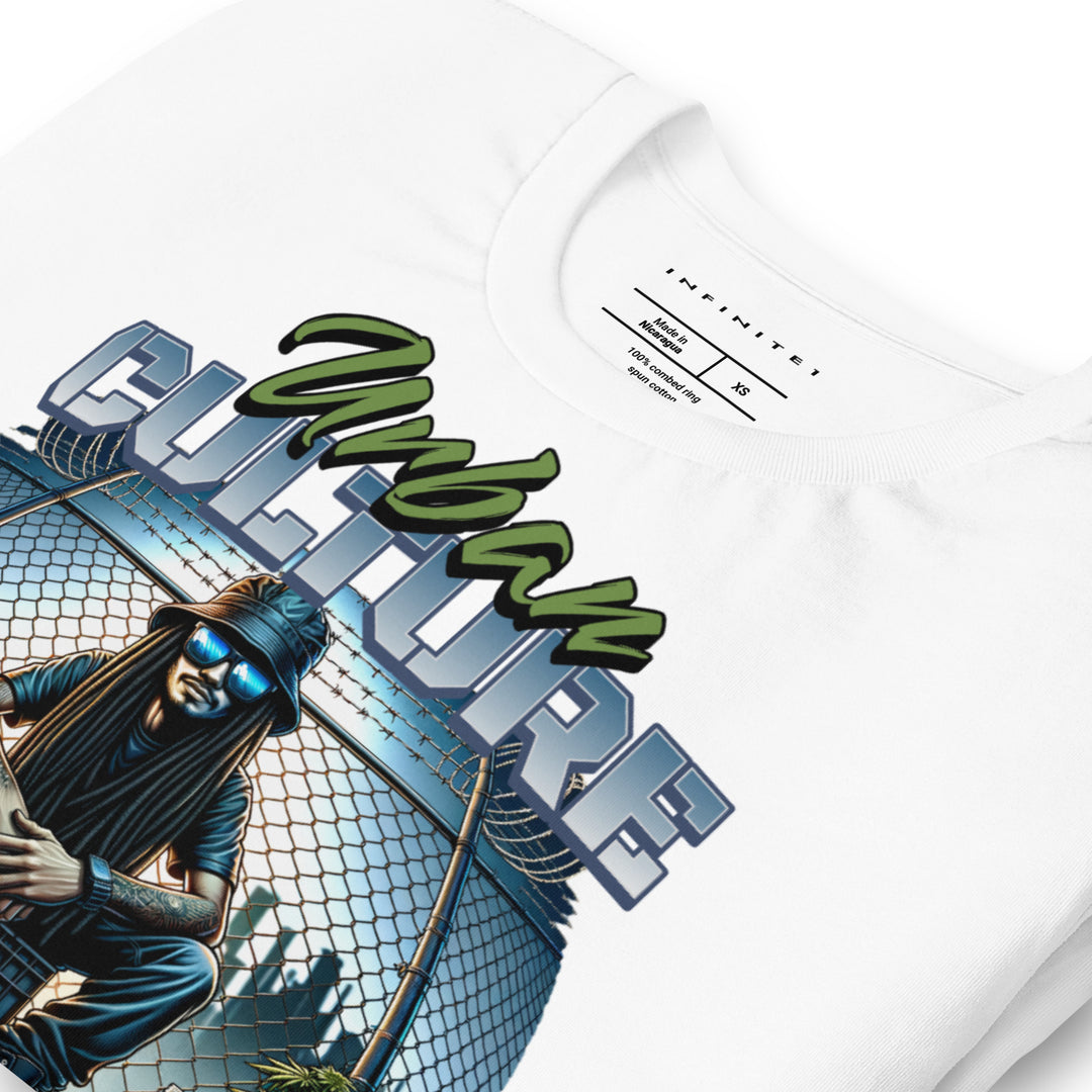 Urban Culture Graphic Tee in White, folded front view.
