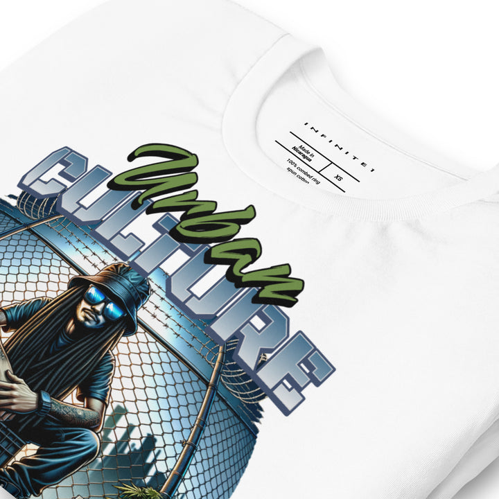 Urban Culture Graphic Tee in White, folded front view.
