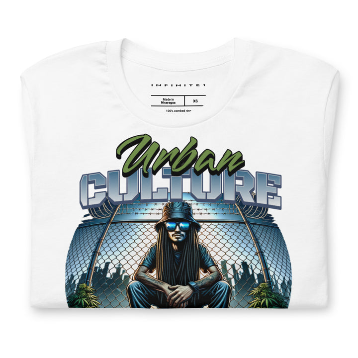 Urban Culture Graphic Tee in White, folded view.

