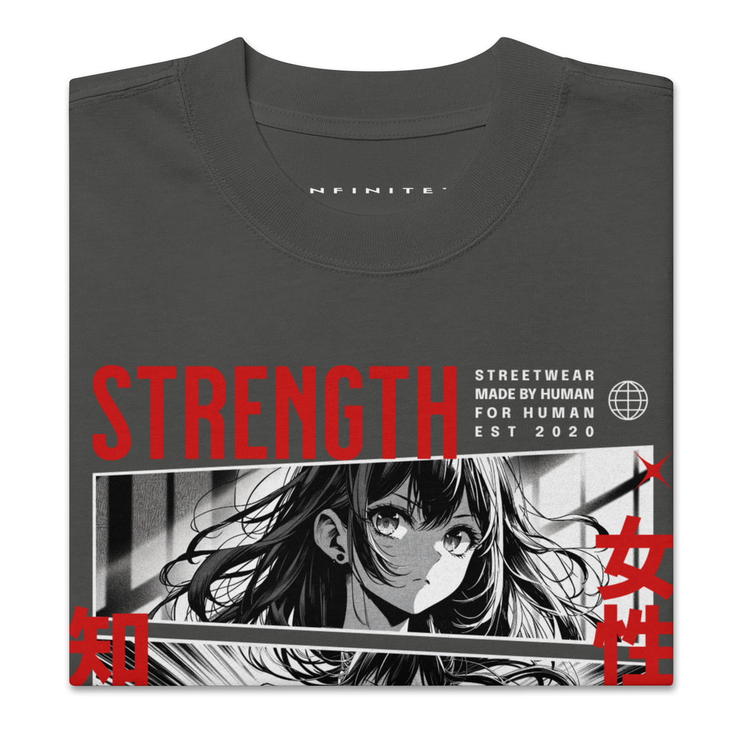 Warrior Strength Anime Oversized Faded Tee - Faded Coal Folded Front View